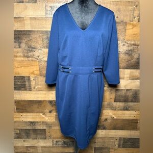 Jennifer Lopez Navy Blue Textured V Neck Dress 3/4 Sleeve Size Large L AB 651
